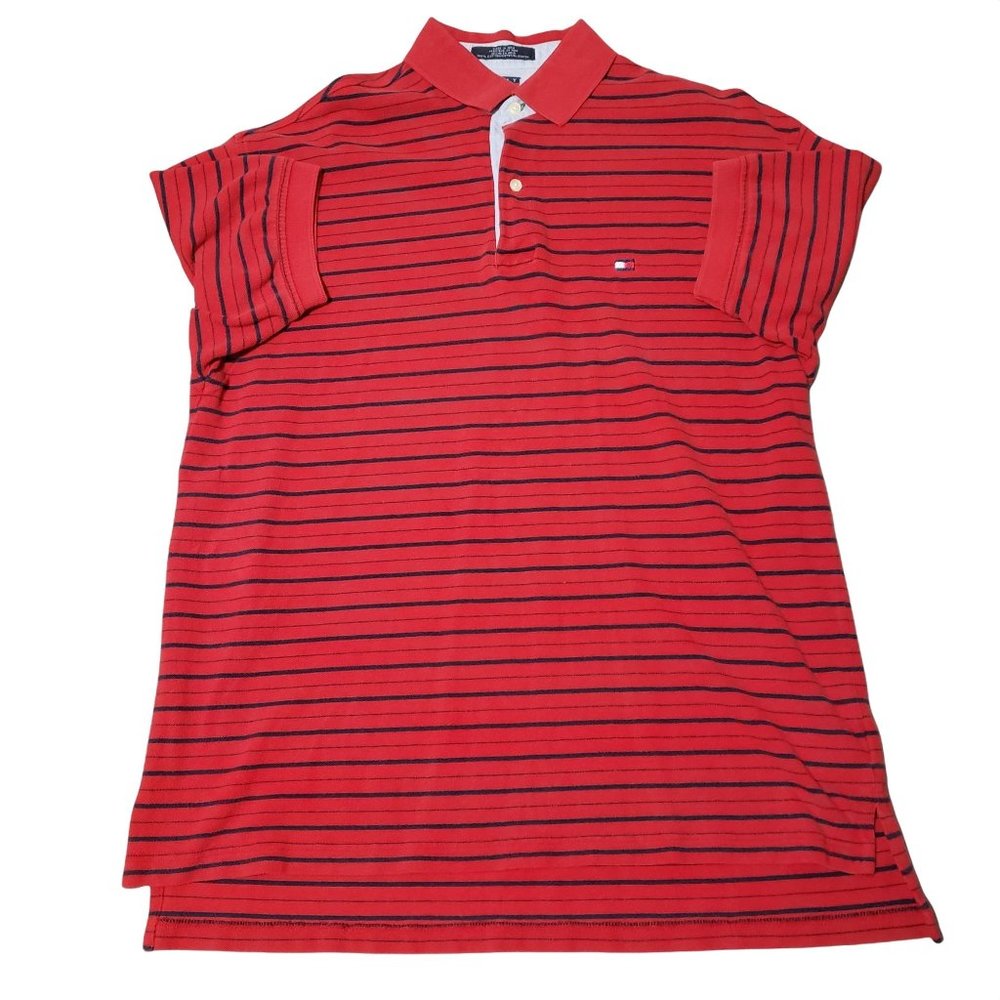 Vtg Tommy Hilfiger Short Sleeve Polo Shirt Medium Red Black Striped